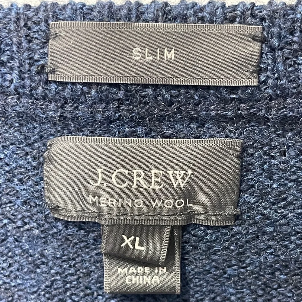 J. Crew Merino Wool Slim Navy Blue Sweater With Brown Leather Elbow Patches XL